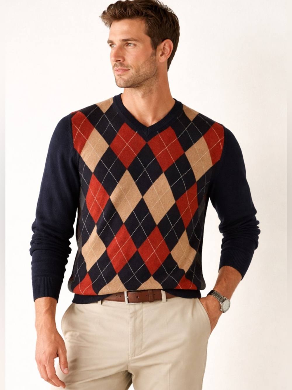 Brooks Brothers 346 Merino Wool Argyle Sweater Navy Tan Rust Preppy Old Money L